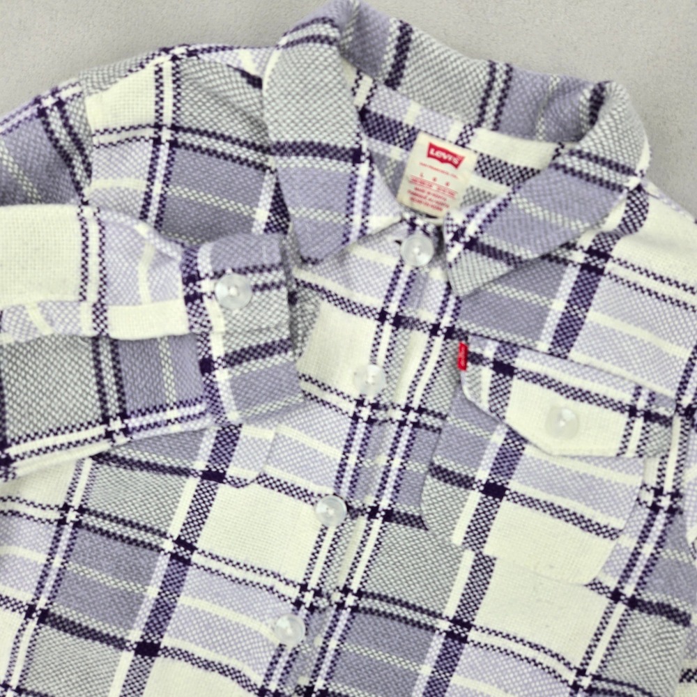 Levi's Girls Large 12-13 Yrs Plaid Button Down Shirt‎ Purple White Grey Flannel